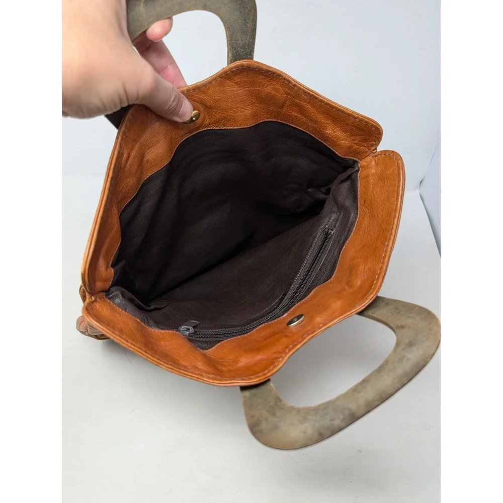 Buti Super Oscar Vintage Tan Leather Handbag Wood Handle Shoulder Bag Italy